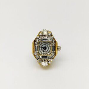 Vintage (crystal face) iced out gold tone ring watch by migi (Unsigned) works we